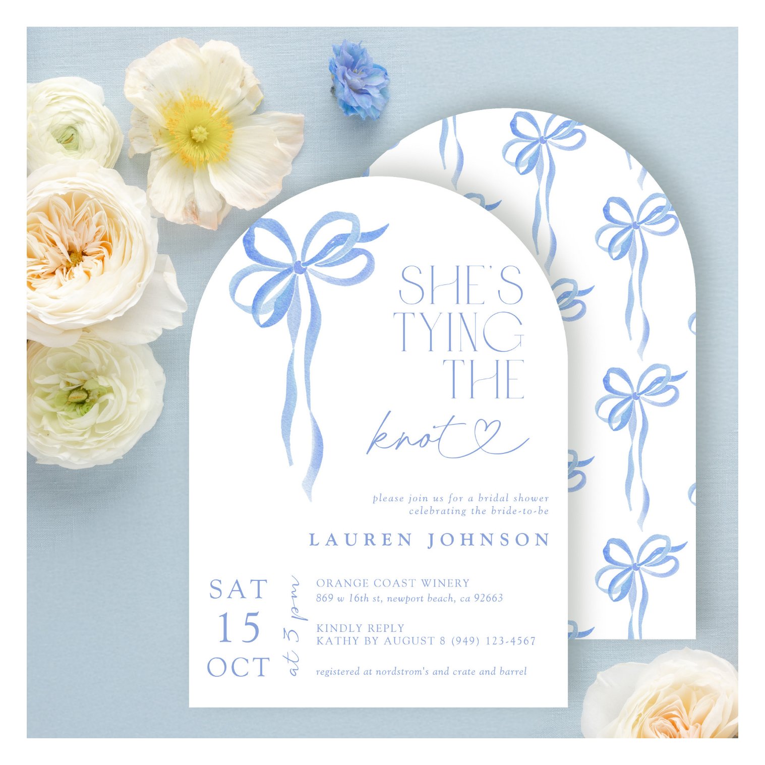Bow She's Tying the Knot Blue Bridal Shower Invitation