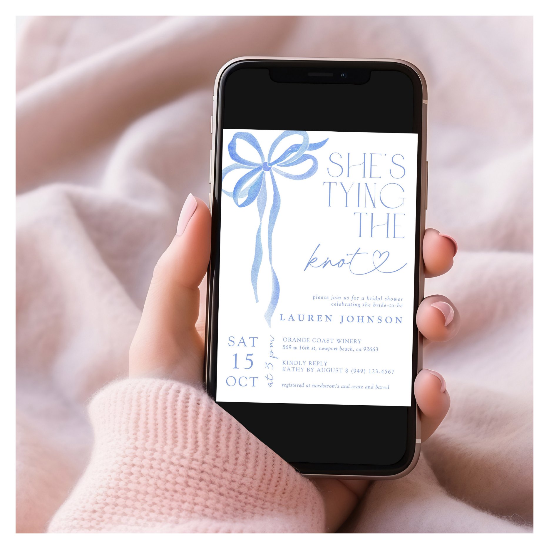 Bow She's Tying the Knot Blue Bridal Shower Invitation