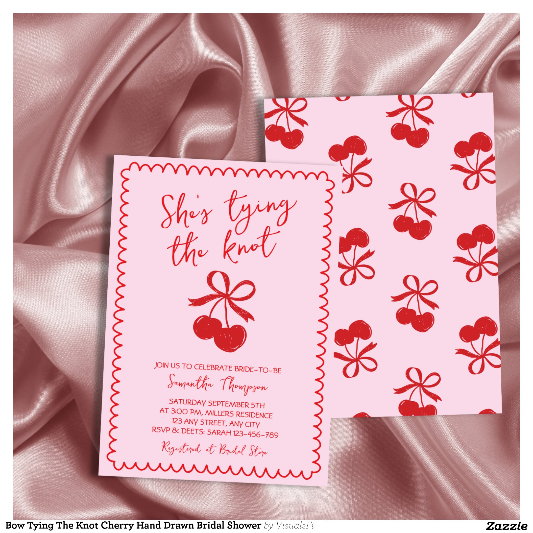 Bow Tying The Knot Cherry Hand Drawn Bridal Shower Invitation