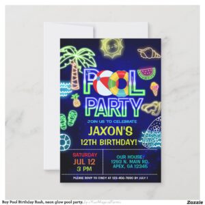 Boy Pool Birthday Bash, neon glow pool party. Invitation