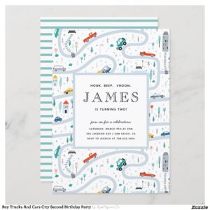 Boy Trucks And Cars City Second Birthday Party Invitation