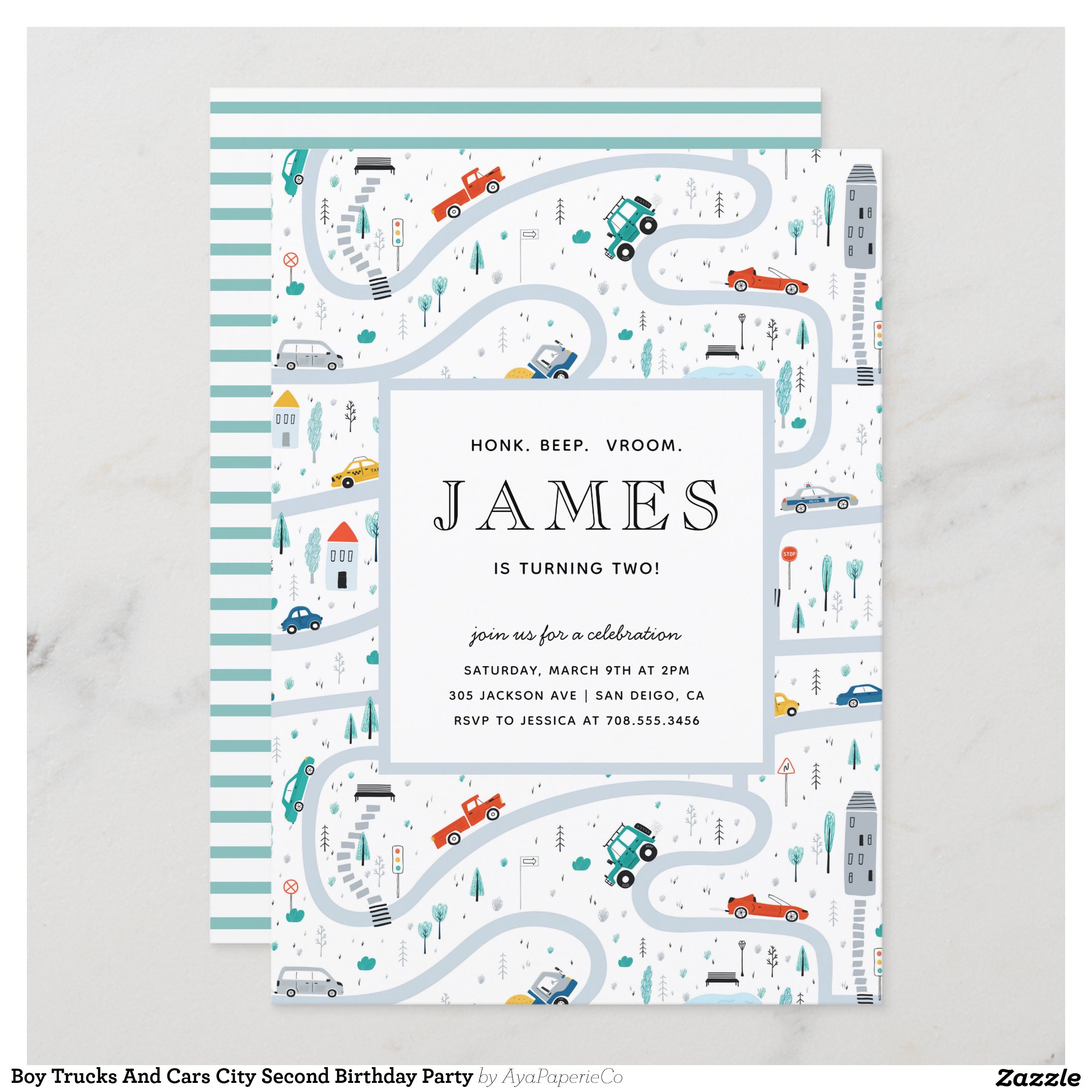Boy Trucks And Cars City Second Birthday Party Invitation