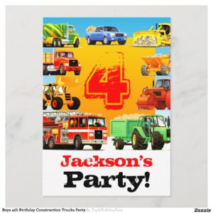 Boys 4th Birthday Construction Trucks Party Invitation