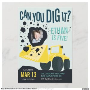 Boys Birthday Construction Truck Blue Yellow Invitation