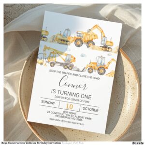 Boys Construction Vehicles Birthday Invitation