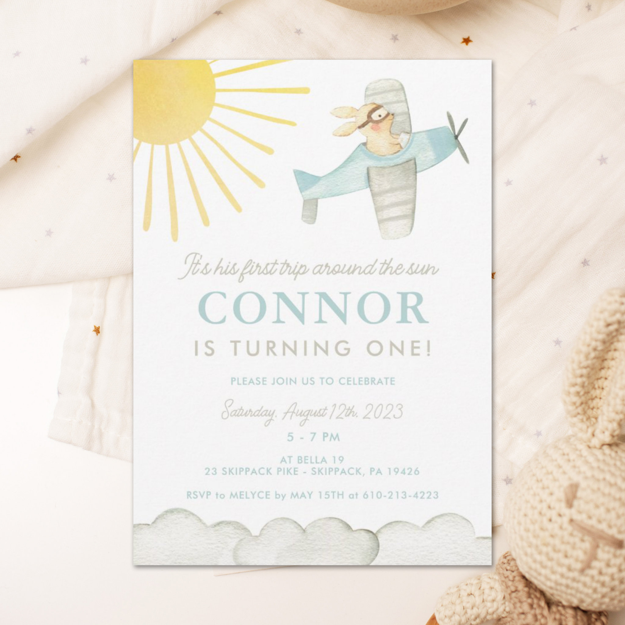 Boys First Trip Around the Sun Plane 1st Birthday Invitation