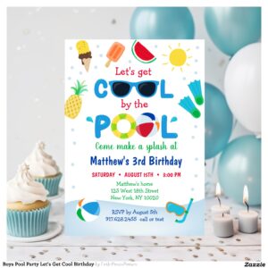 Boys Pool Party Let's Get Cool Birthday Invitation