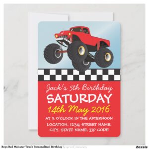 Boys Red Monster Truck Personalized Birthday Invitation