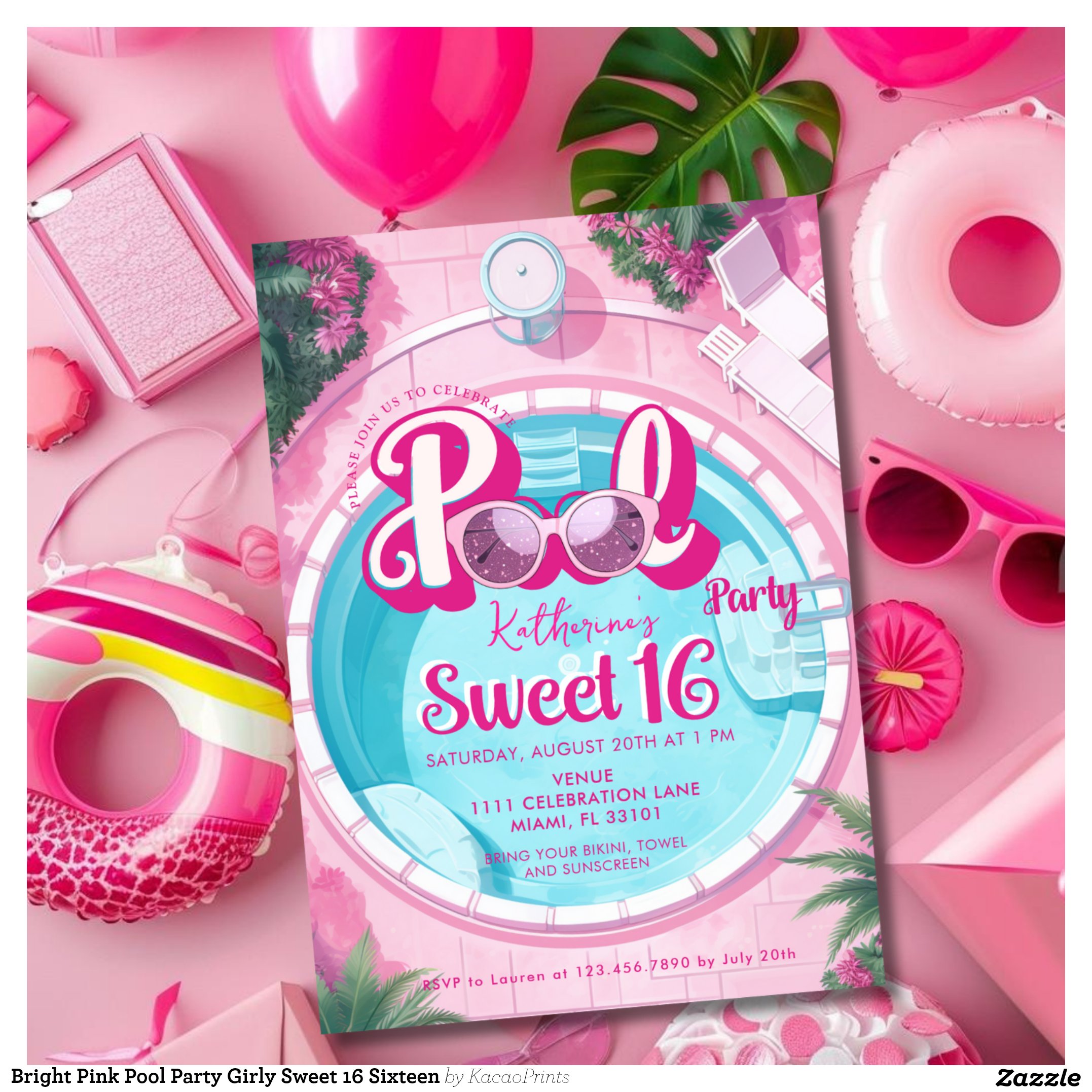 Bright Pink Pool Party Girly Sweet 16 Sixteen Invitation