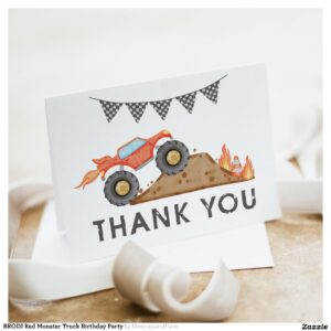 BRODI Red Monster Truck Birthday Party Thank You Card