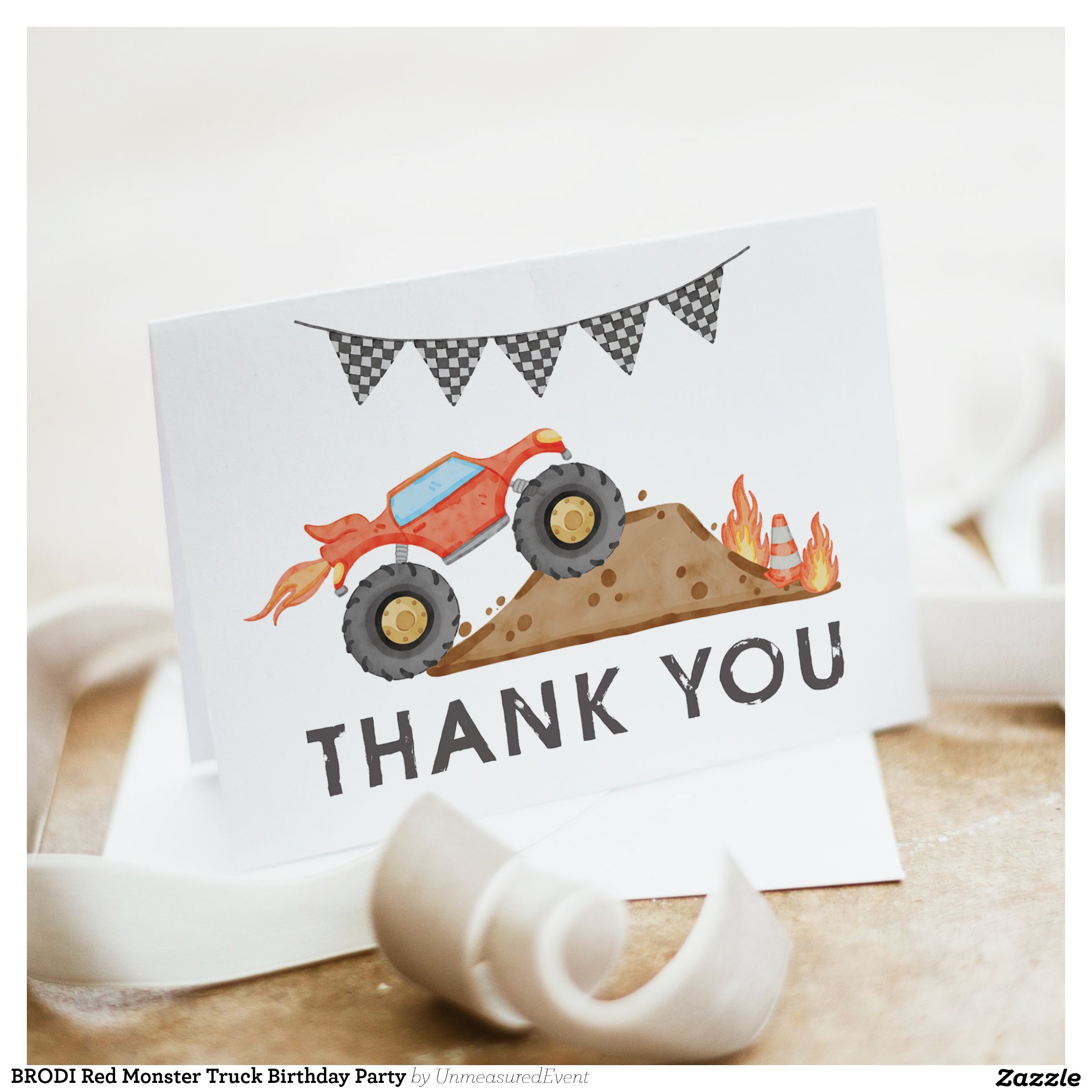 BRODI Red Monster Truck Birthday Party Thank You Card