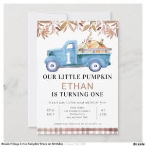Brown Foliage Little Pumpkin Truck 1st Birthday Invitation
