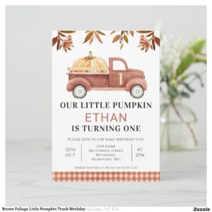 Brown Foliage Little Pumpkin Truck Birthday Invitation