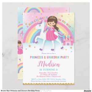 Brown Hair Princess and Unicorn Birthday Party Invitation