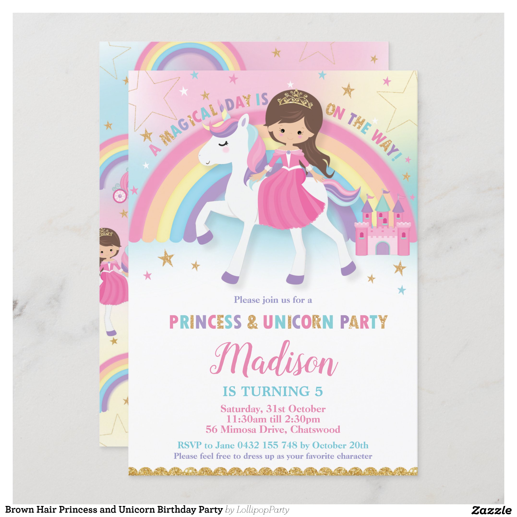 Brown Hair Princess and Unicorn Birthday Party Invitation