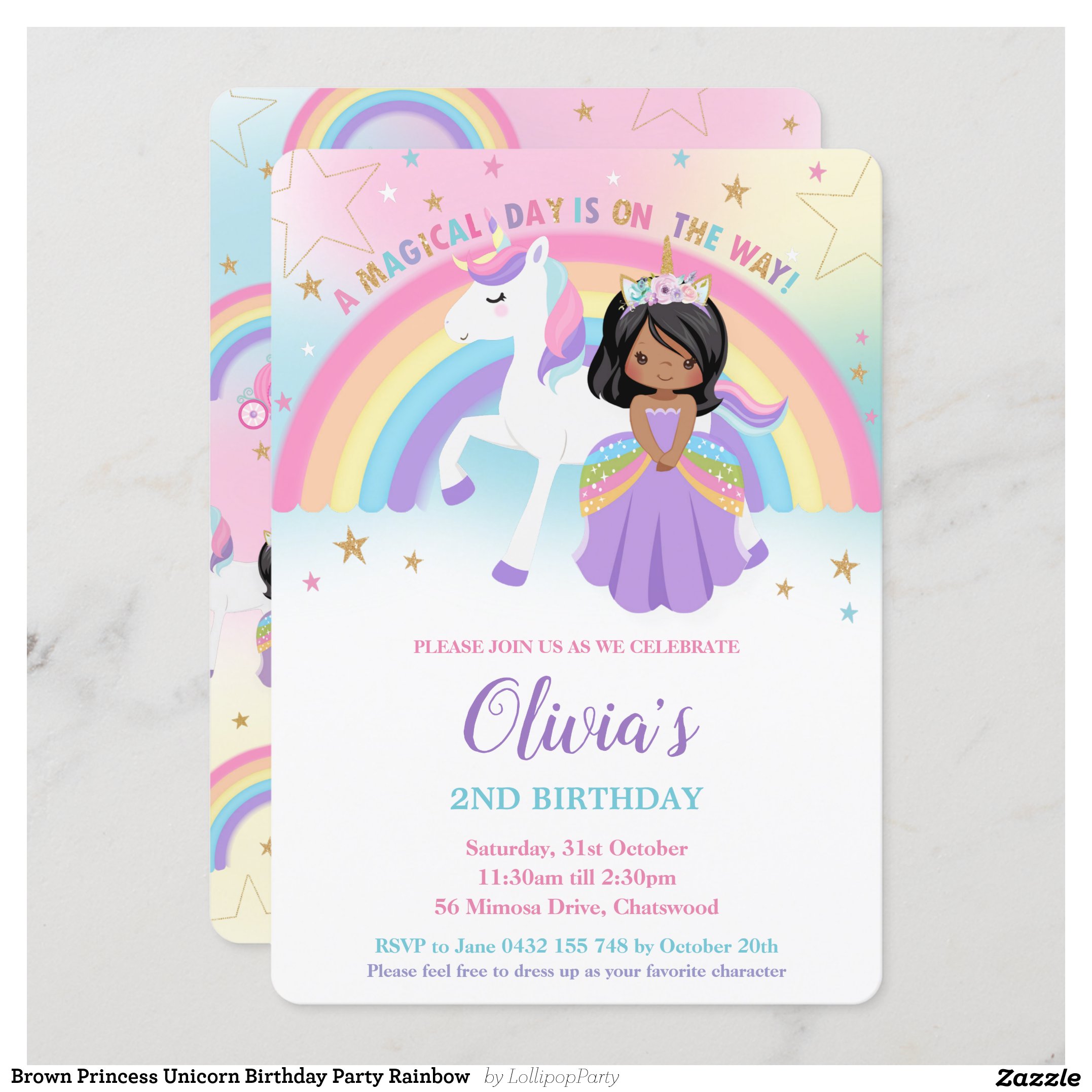 Brown Princess Unicorn Birthday Party Rainbow Invitation
