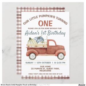 Brown Rustic Little Pumpkin Truck 1st Birthday Invitation
