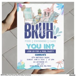 BRUH Blue Pool Party Boy Birthday Invitation