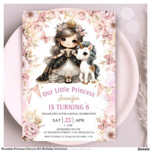 Brunette Princess Unicorn 6th Birthday Invitation