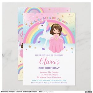 Brunette Princess Unicorn Birthday Rainbow Inv Invitation