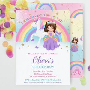 Brunette Princess Unicorn Birthday Rainbow Invitation