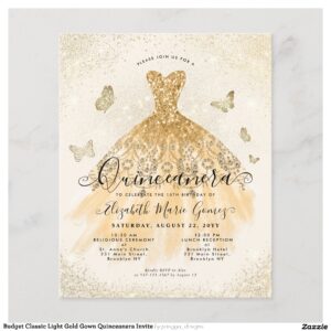 Budget Classic Light Gold Gown Quinceanera Invite