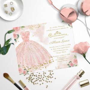 Budget Quinceanera Invitation Bilingual Pink Gown