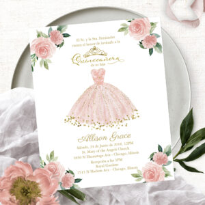 Budget Quinceanera Invitation Spanish Blush Gown