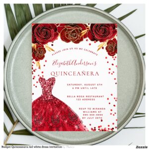 Budget Quinceanera red white dress invitation