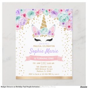 Budget Unicorn 1st Birthday Teal Purple Invitation Flyer