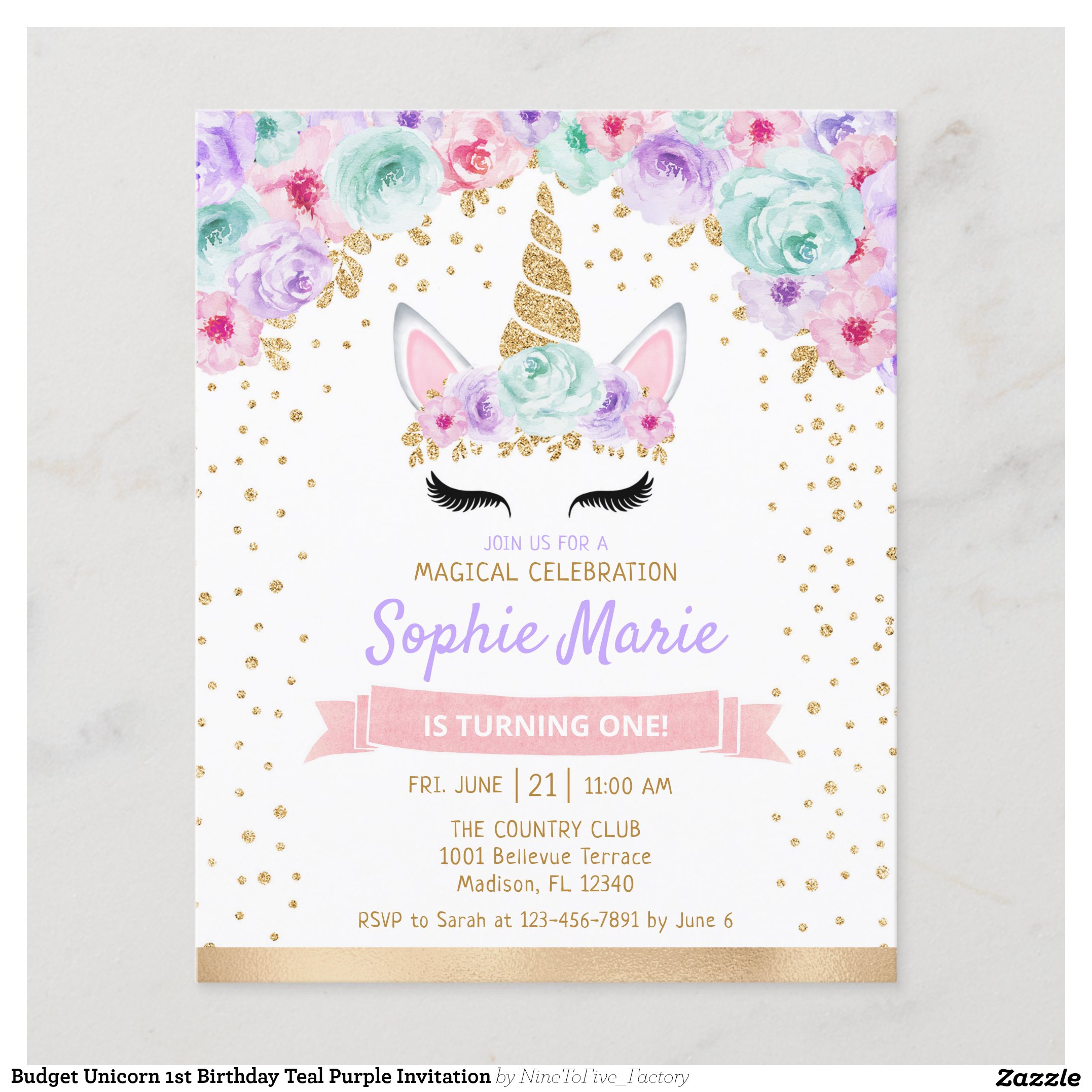Budget Unicorn 1st Birthday Teal Purple Invitation Flyer