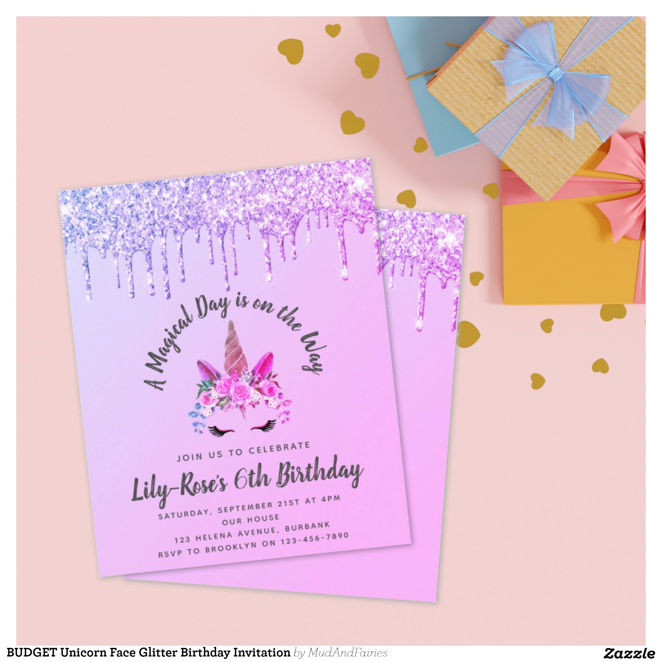 BUDGET Unicorn Face Glitter Birthday Invitation