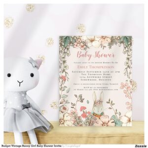 Budget Vintage Bunny Girl Baby Shower Invite