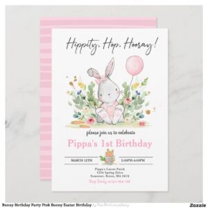 Bunny Birthday Party Pink Bunny Easter Birthday Invitation