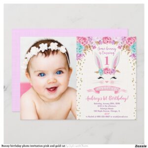 Bunny birthday photo invitation pink and gold 1st