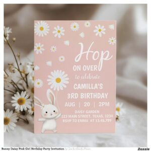 Bunny Daisy Pink Girl Birthday Party Invitation