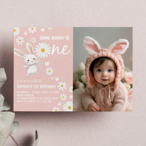 Bunny Daisy Pink Girl Birthday Photo Invitation