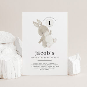 Bunny First Birthday Invitation White Balloon