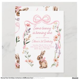Bunny first birthday invitation wildflowers bow