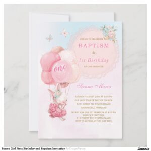 Bunny Girl First Birthday and Baptism Invitation