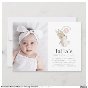 Bunny Pink Balloon Photo 1st Birthday Invitation