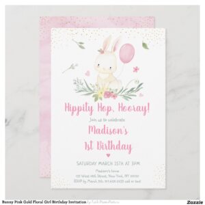 Bunny Pink Gold Floral Girl Birthday Invitation