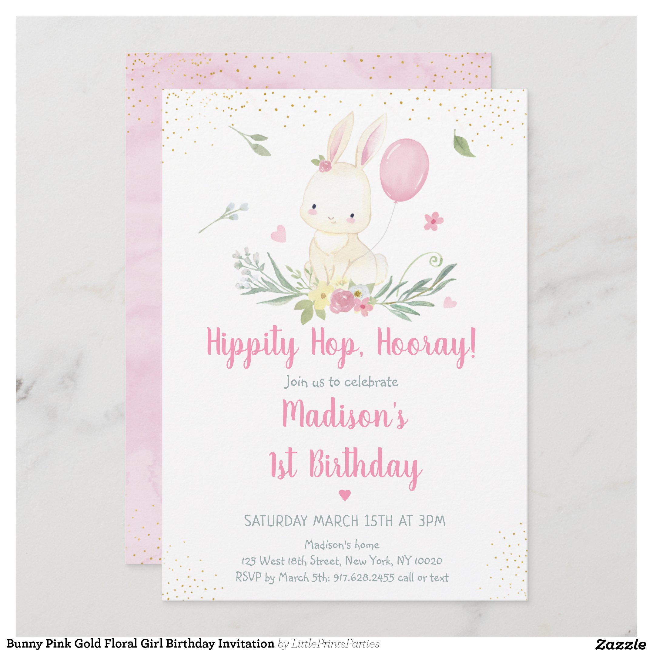 Bunny Pink Gold Floral Girl Birthday Invitation