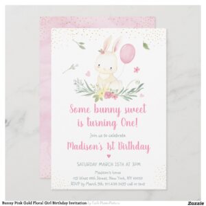 Bunny Pink Gold Floral Girl Birthday Invitation