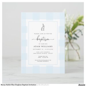 Bunny Rabbit Blue Gingham Baptism Invitation