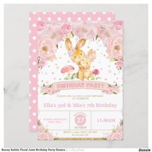 Bunny Rabbit Floral Joint Birthday Party Sisters Invitation