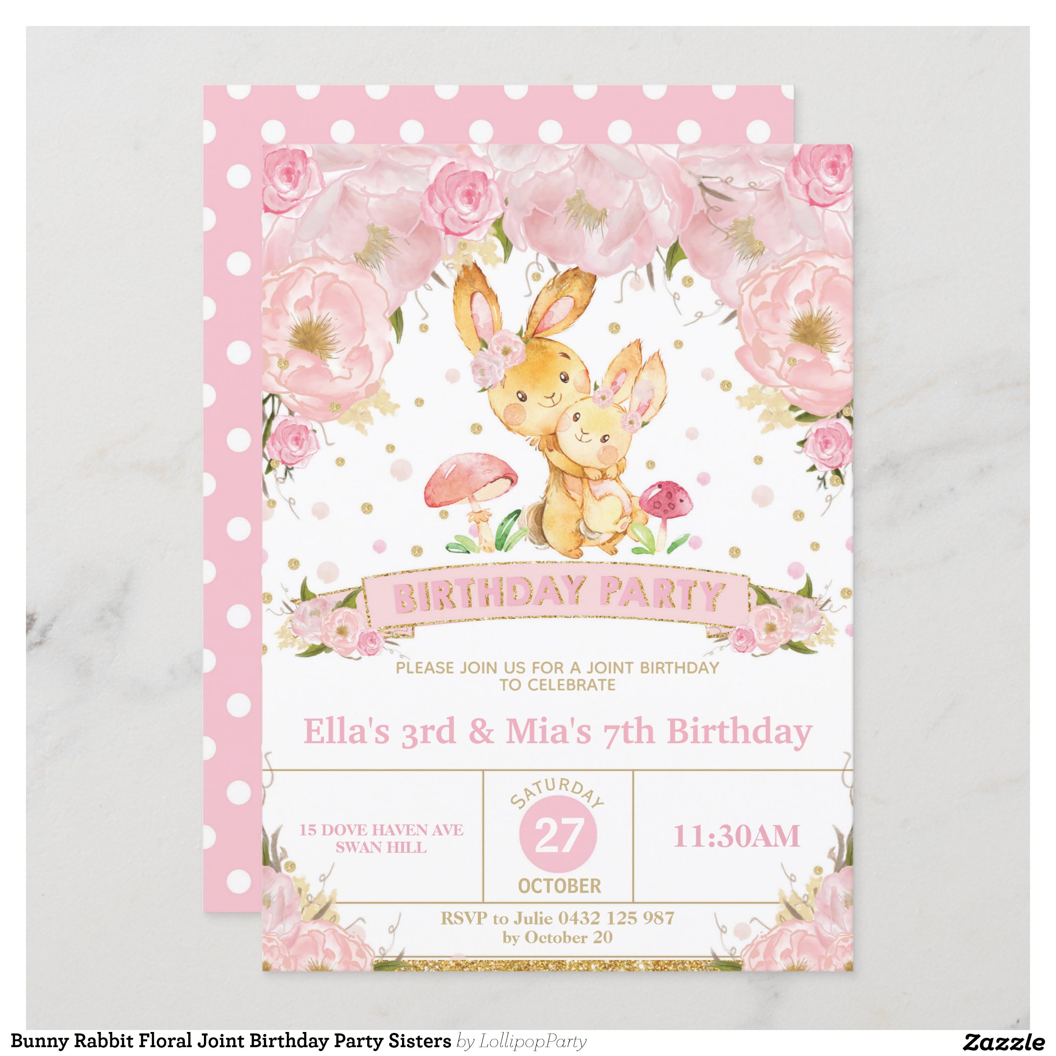 Bunny Rabbit Floral Joint Birthday Party Sisters Invitation
