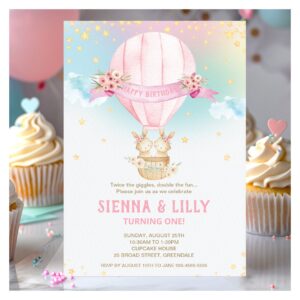 Bunny Rabbit Hot Air Balloon 1st Birthday Twins Invitation