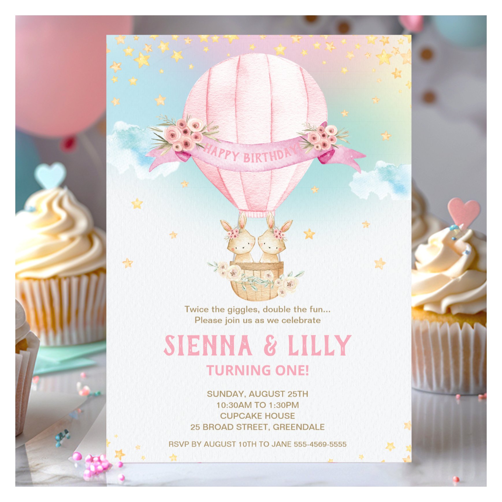 Bunny Rabbit Hot Air Balloon 1st Birthday Twins Invitation