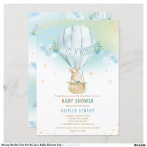 Bunny Rabbit Hot Air Balloon Baby Shower Boy Invitation
